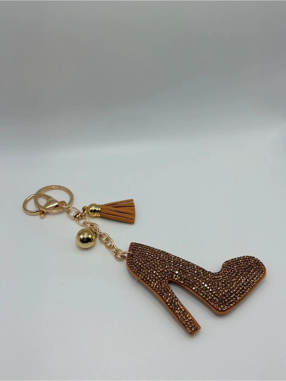 Rhinestone High Heel Shoe Keychain with Tassel - Bronze